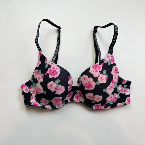 NWOT Victoria's Secret Bra 32B T-Shirt Push-Up Full Coverage Black Floral - Picture 1 of 8